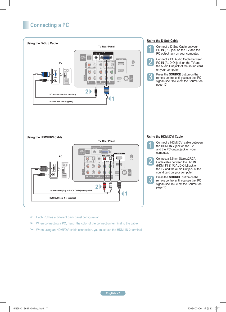 Connecting a pc | Samsung PN50A450P1DXZA User Manual | Page 7 / 12