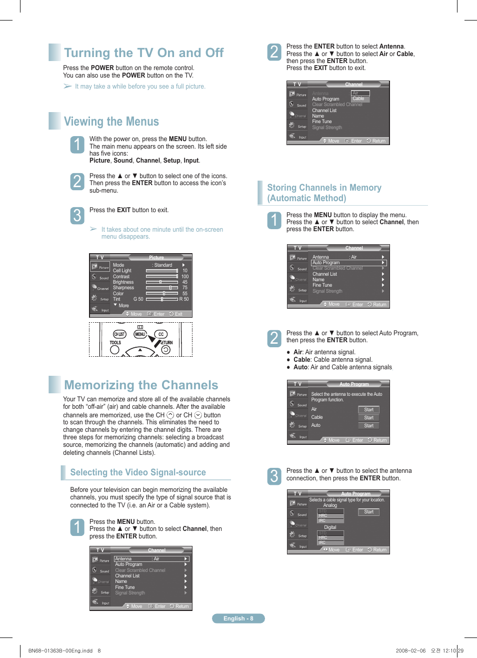 Turning the tv on and off viewing the menus, Selecting the video signal-source | Samsung PN50A450P1DXZA User Manual | Page 8 / 12