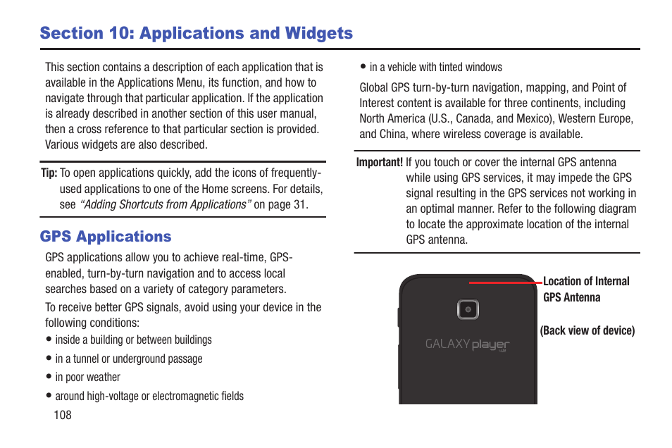 Section 10: applications and widgets, Gps applications | Samsung YP-GI1CB-XAA User Manual | Page 112 / 214