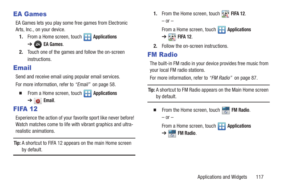 Ea games, Email, Fifa 12 | Fm radio, Ea games email fifa 12 fm radio | Samsung YP-GI1CB-XAA User Manual | Page 121 / 214
