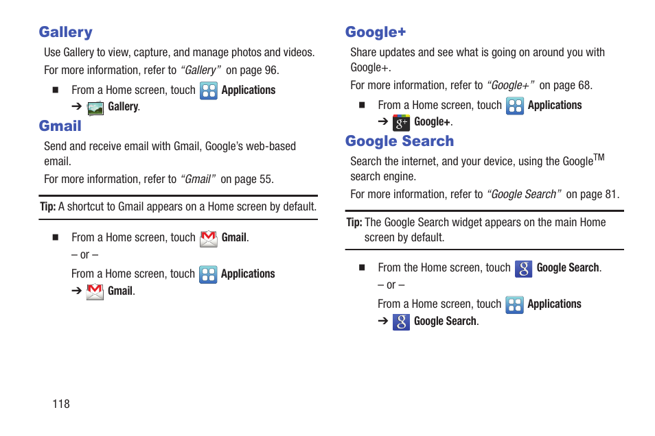Gallery, Gmail, Google | Google search, Gallery gmail google+ google search | Samsung YP-GI1CB-XAA User Manual | Page 122 / 214