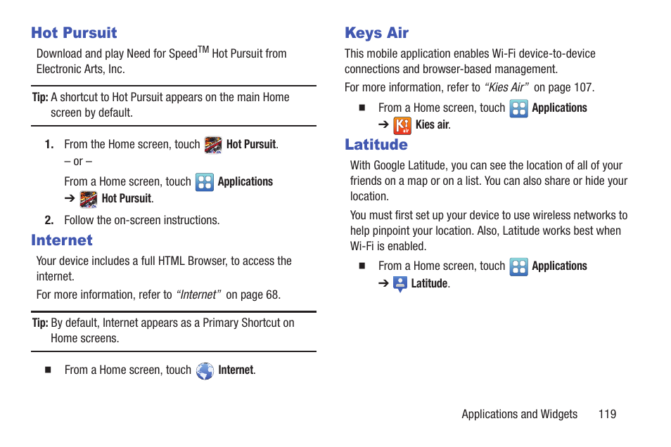 Hot pursuit, Internet, Keys air | Latitude, Internet keys air latitude | Samsung YP-GI1CB-XAA User Manual | Page 123 / 214