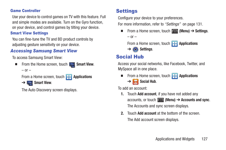 Settings, Social hub, Settings social hub | Samsung YP-GI1CB-XAA User Manual | Page 131 / 214