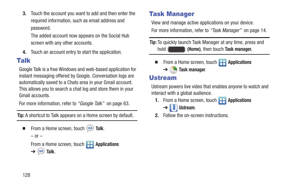 Talk, Task manager, Ustream | Talk task manager ustream | Samsung YP-GI1CB-XAA User Manual | Page 132 / 214