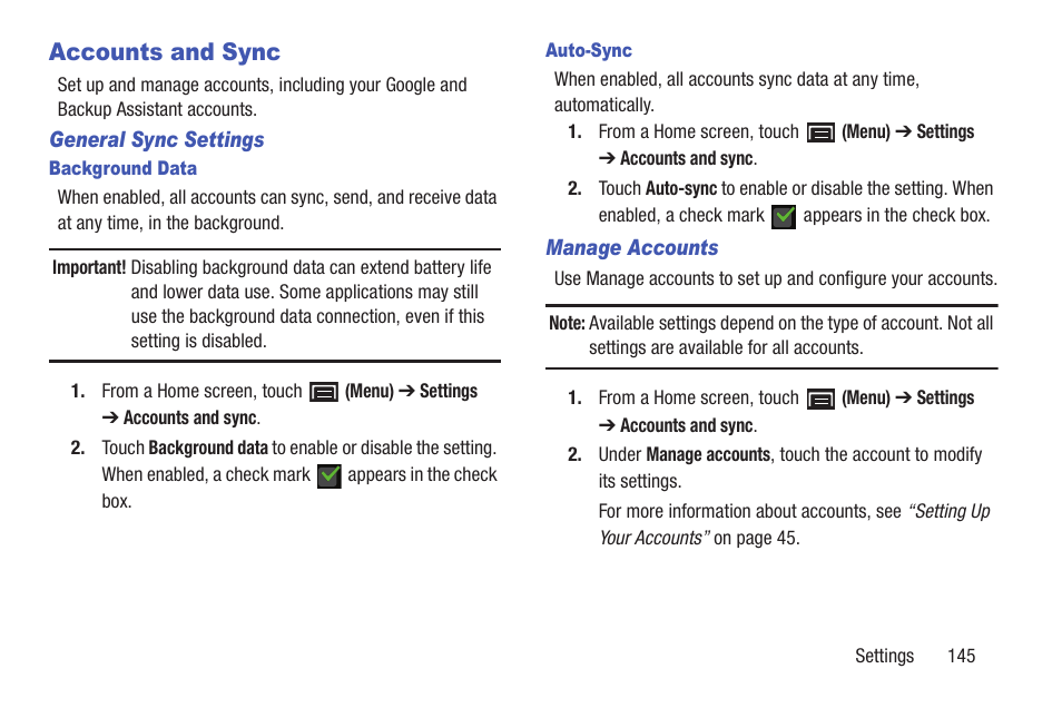 Accounts and sync | Samsung YP-GI1CB-XAA User Manual | Page 149 / 214