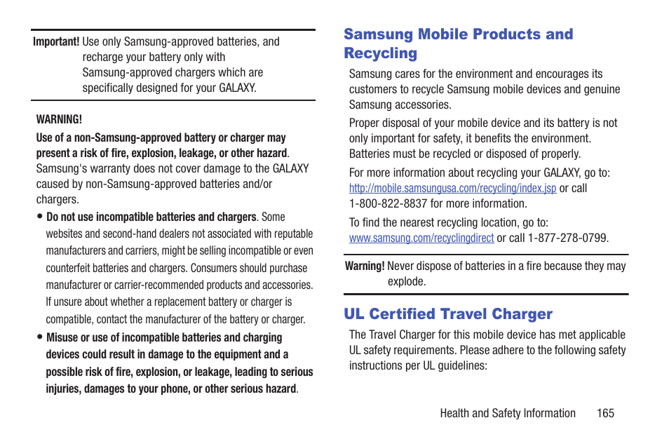 Samsung mobile products and recycling, Ul certified travel charger | Samsung YP-GI1CB-XAA User Manual | Page 169 / 214