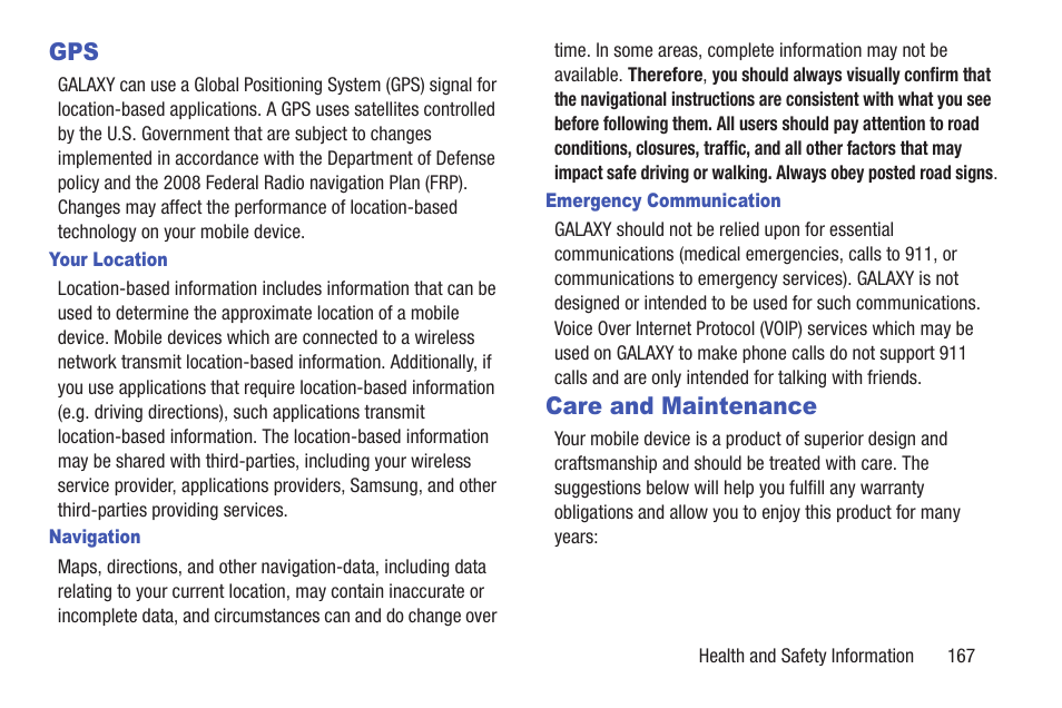 Care and maintenance, Gps care and maintenance | Samsung YP-GI1CB-XAA User Manual | Page 171 / 214