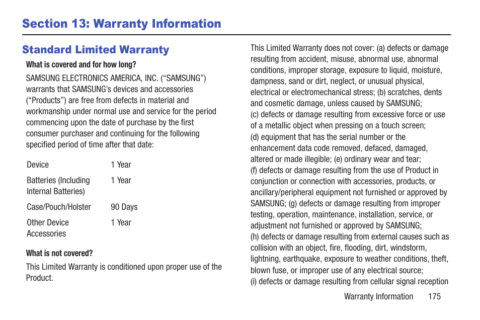 Section 13: warranty information, Standard limited warranty | Samsung YP-GI1CB-XAA User Manual | Page 179 / 214