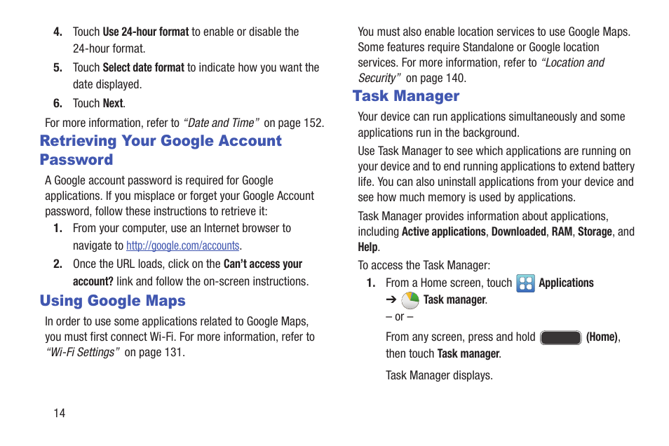 Retrieving your google account password, Using google maps, Task manager | Samsung YP-GI1CB-XAA User Manual | Page 18 / 214