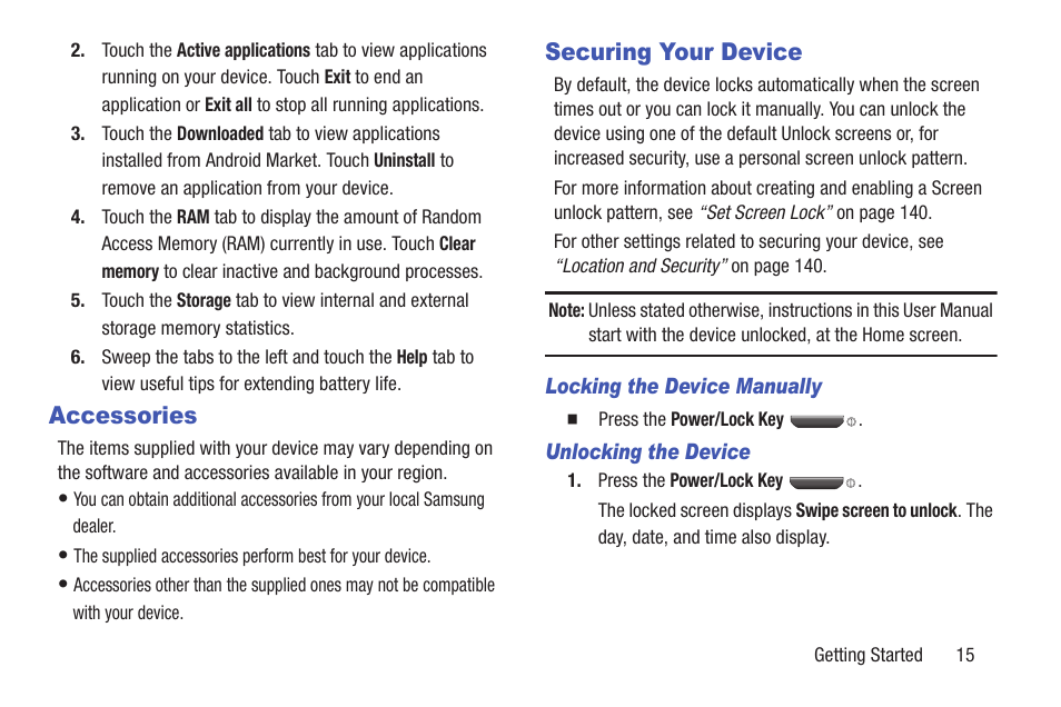 Accessories, Securing your device, Accessories securing your device | Samsung YP-GI1CB-XAA User Manual | Page 19 / 214