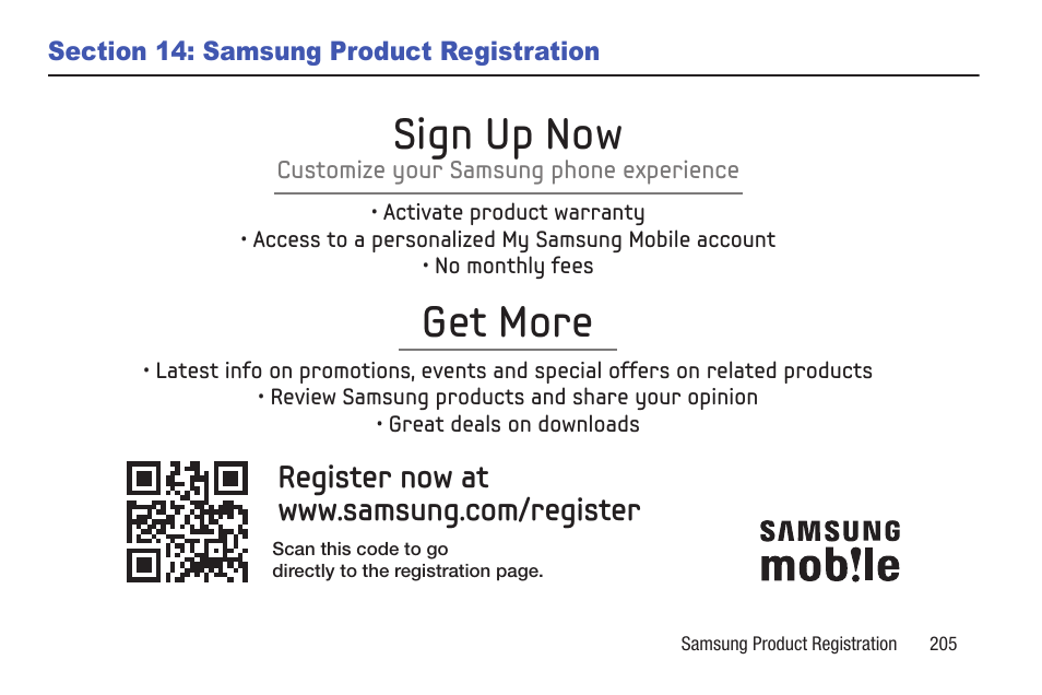 Section 14: samsung product registration, Section 14: samsung product, Registration | Get more, Sign up now | Samsung YP-GI1CB-XAA User Manual | Page 209 / 214