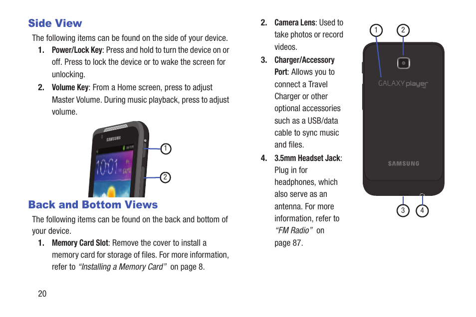 Side view, Back and bottom views | Samsung YP-GI1CB-XAA User Manual | Page 24 / 214