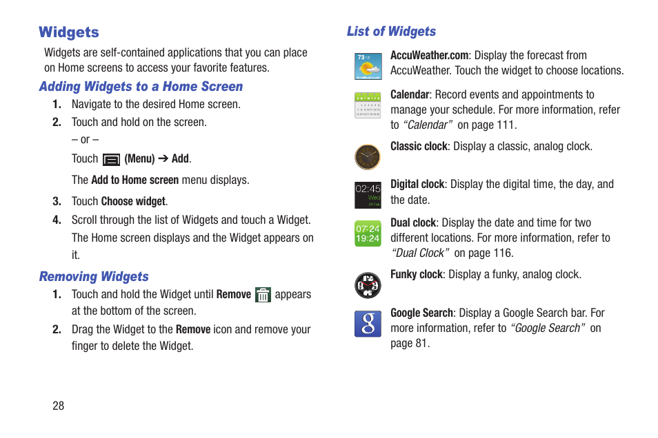 Widgets, For more information, refer to “widgets” on | Samsung YP-GI1CB-XAA User Manual | Page 32 / 214