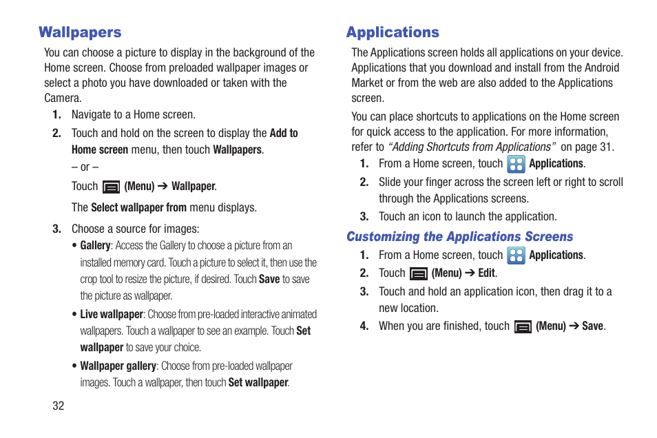 Wallpapers, Applications, Wallpapers applications | For more information, refer to “wallpapers” on | Samsung YP-GI1CB-XAA User Manual | Page 36 / 214