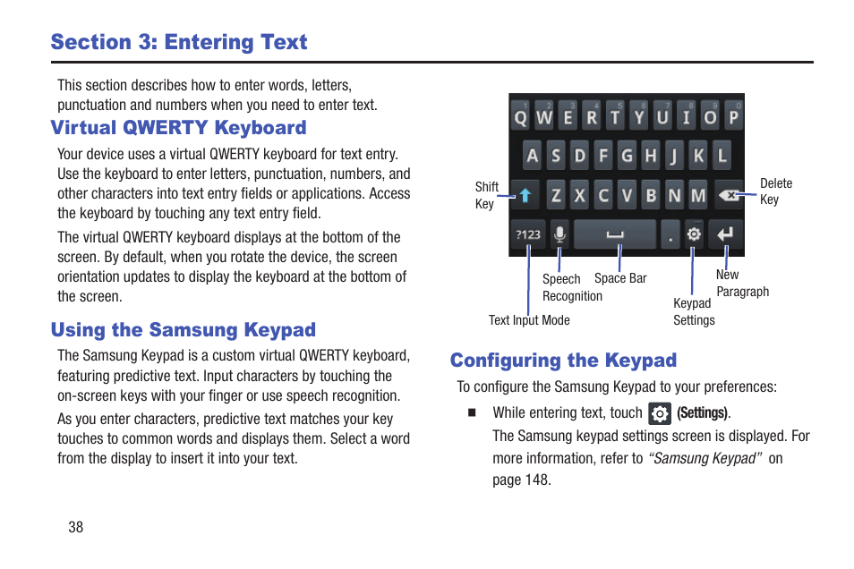 Section 3: entering text, Virtual qwerty keyboard, Using the samsung keypad | Configuring the keypad | Samsung YP-GI1CB-XAA User Manual | Page 42 / 214