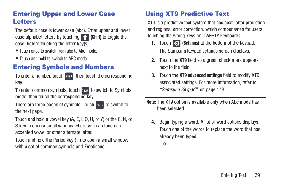 Entering upper and lower case letters, Entering symbols and numbers, Using xt9 predictive text | Samsung YP-GI1CB-XAA User Manual | Page 43 / 214