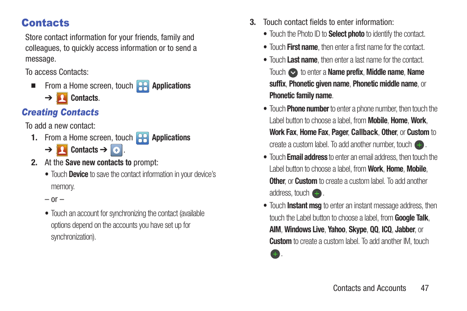 Contacts | Samsung YP-GI1CB-XAA User Manual | Page 51 / 214