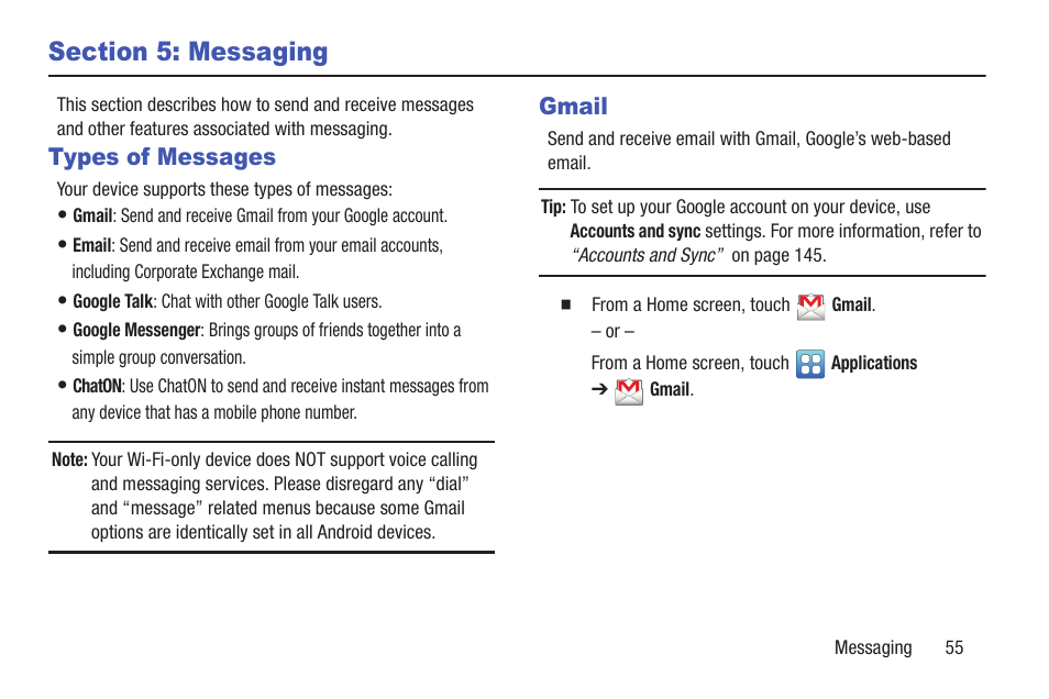 Section 5: messaging, Types of messages, Gmail | Types of messages gmail | Samsung YP-GI1CB-XAA User Manual | Page 59 / 214