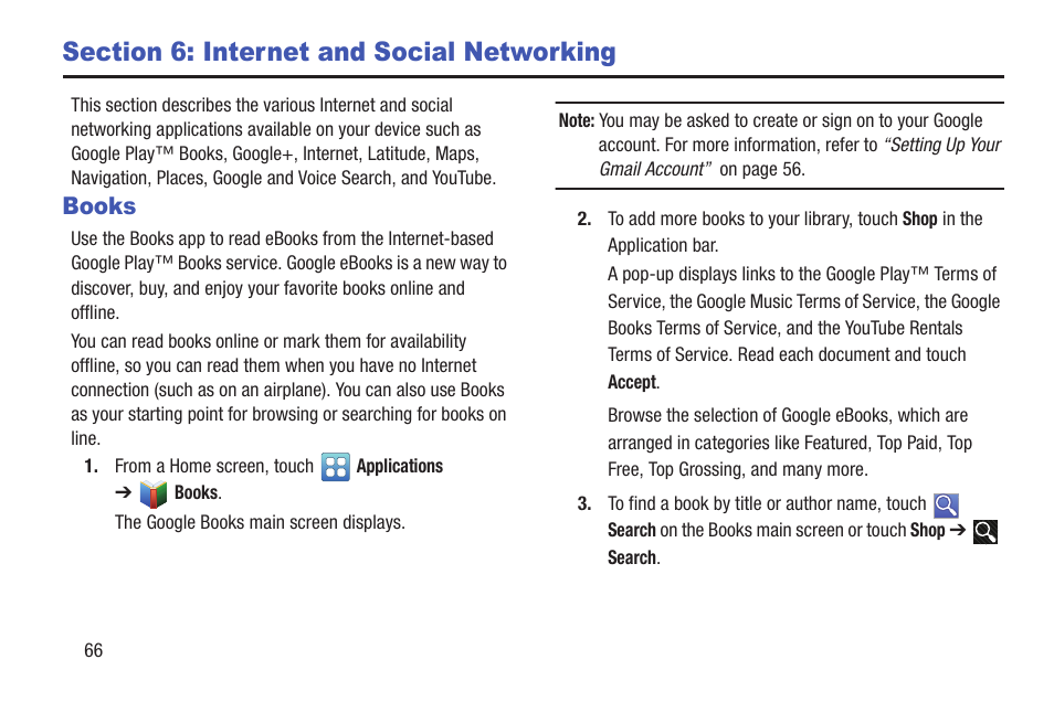 Section 6: internet and social networking, Books, Section 6: internet and social | Networking | Samsung YP-GI1CB-XAA User Manual | Page 70 / 214