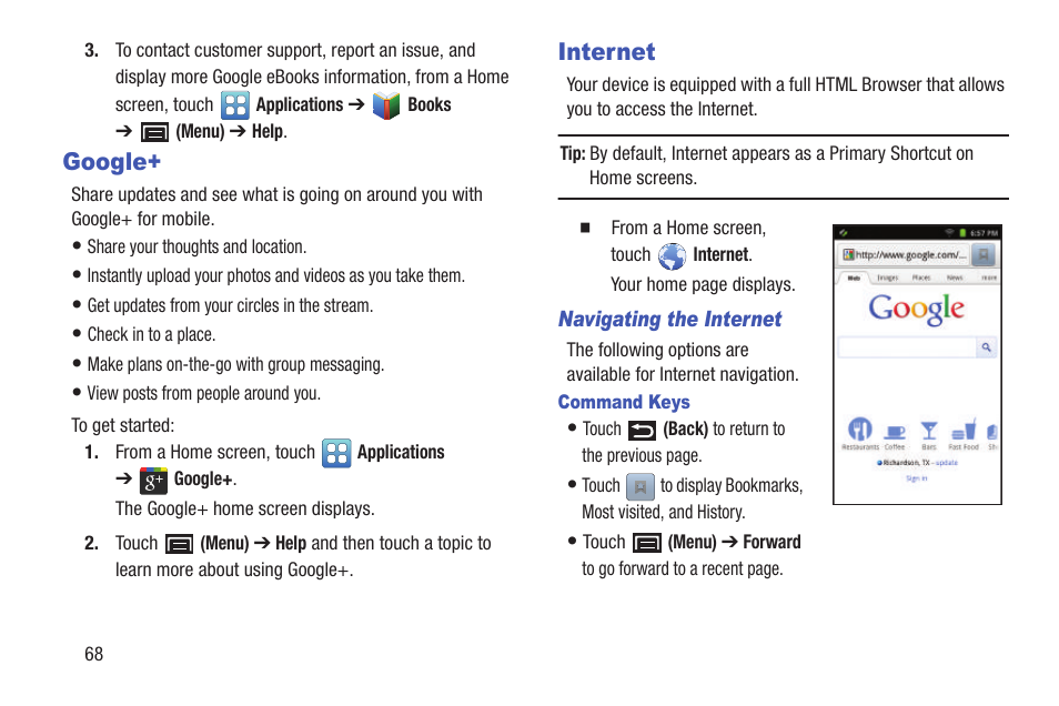 Google, Internet, Google+ internet | Samsung YP-GI1CB-XAA User Manual | Page 72 / 214