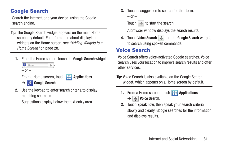 Google search, Voice search, Google search voice search | Samsung YP-GI1CB-XAA User Manual | Page 85 / 214