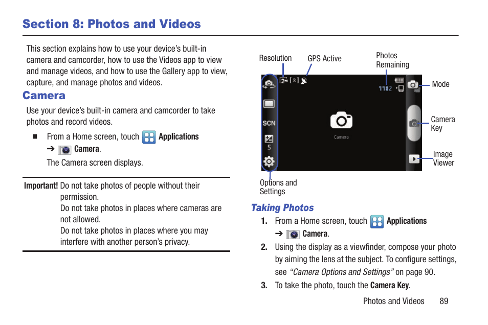 Section 8: photos and videos, Camera | Samsung YP-GI1CB-XAA User Manual | Page 93 / 214