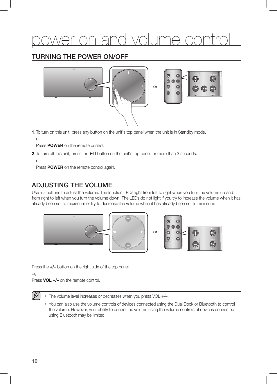 Power on and volume control, Turning the power on/off, Adjusting the volume | Samsung DA-E670-ZA User Manual | Page 10 / 35