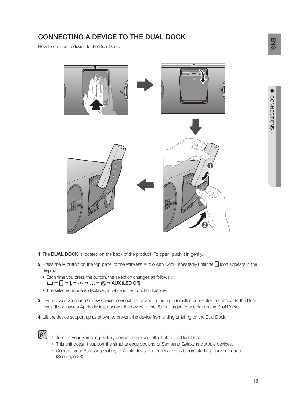 Connecting a device to the dual dock, Connections, Pus h | Samsung DA-E670-ZA User Manual | Page 13 / 35