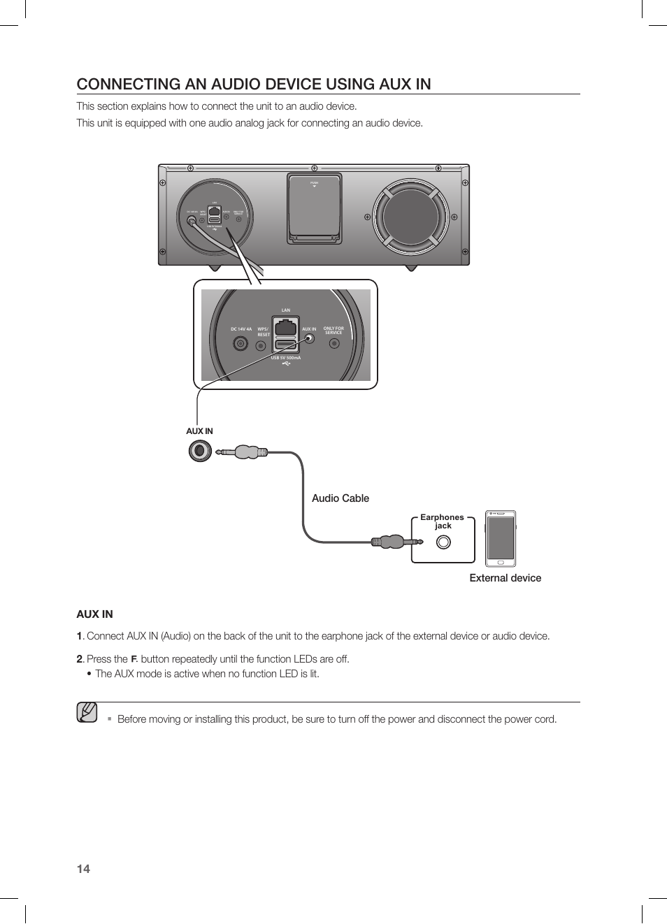 Connecting an audio device using aux in, Dock, Aux in | Earphones jack | Samsung DA-E670-ZA User Manual | Page 14 / 35