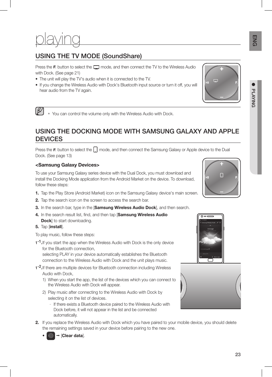 Playing, Using the tv mode (soundshare), En g | Samsung galaxy devices | Samsung DA-E670-ZA User Manual | Page 23 / 35