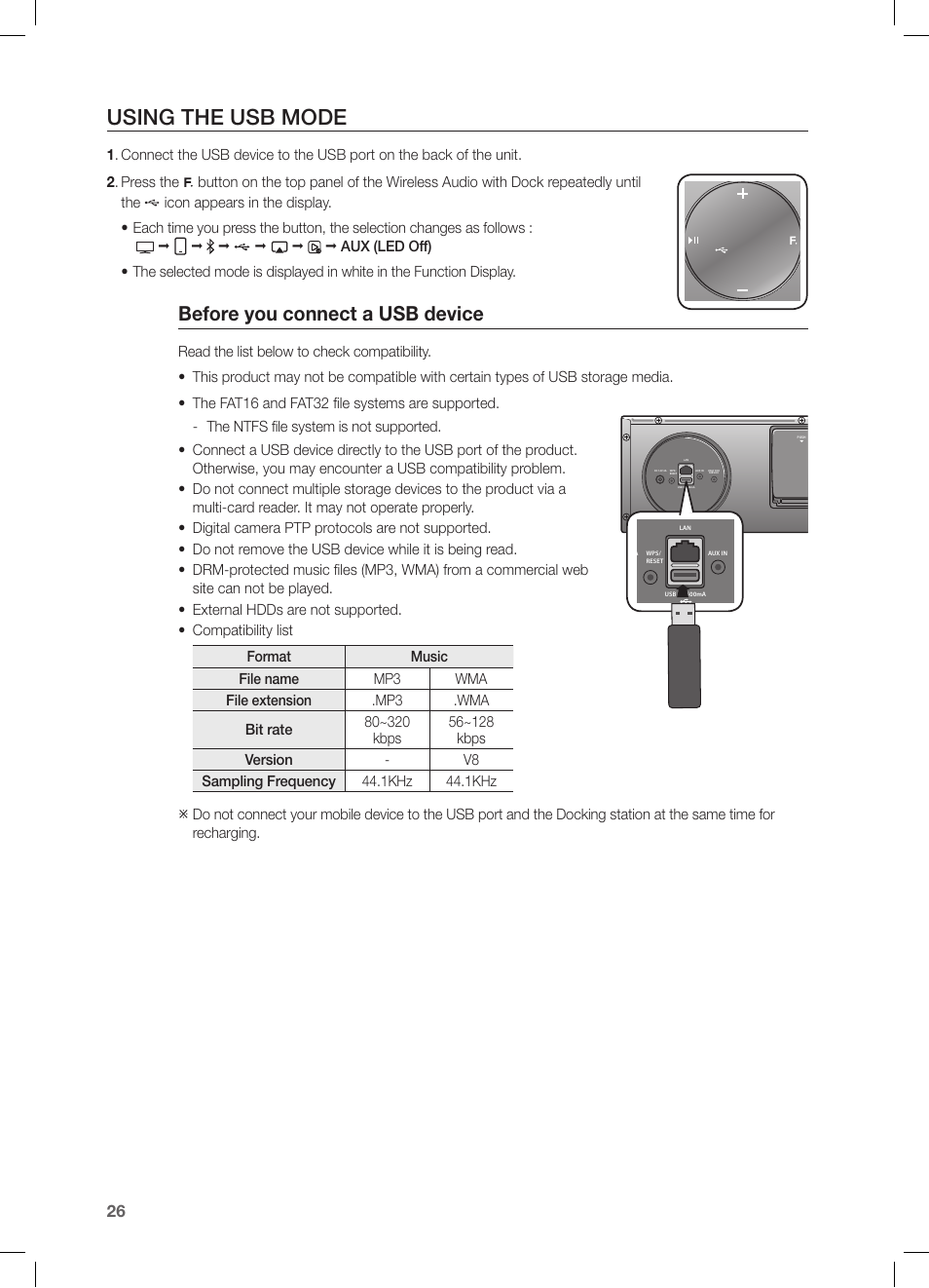 Using the usb mode, Before you connect a usb device | Samsung DA-E670-ZA User Manual | Page 26 / 35