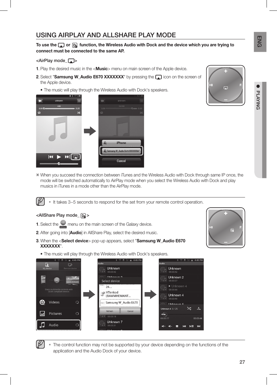 Using airplay and allshare play mode, En g | Samsung DA-E670-ZA User Manual | Page 27 / 35