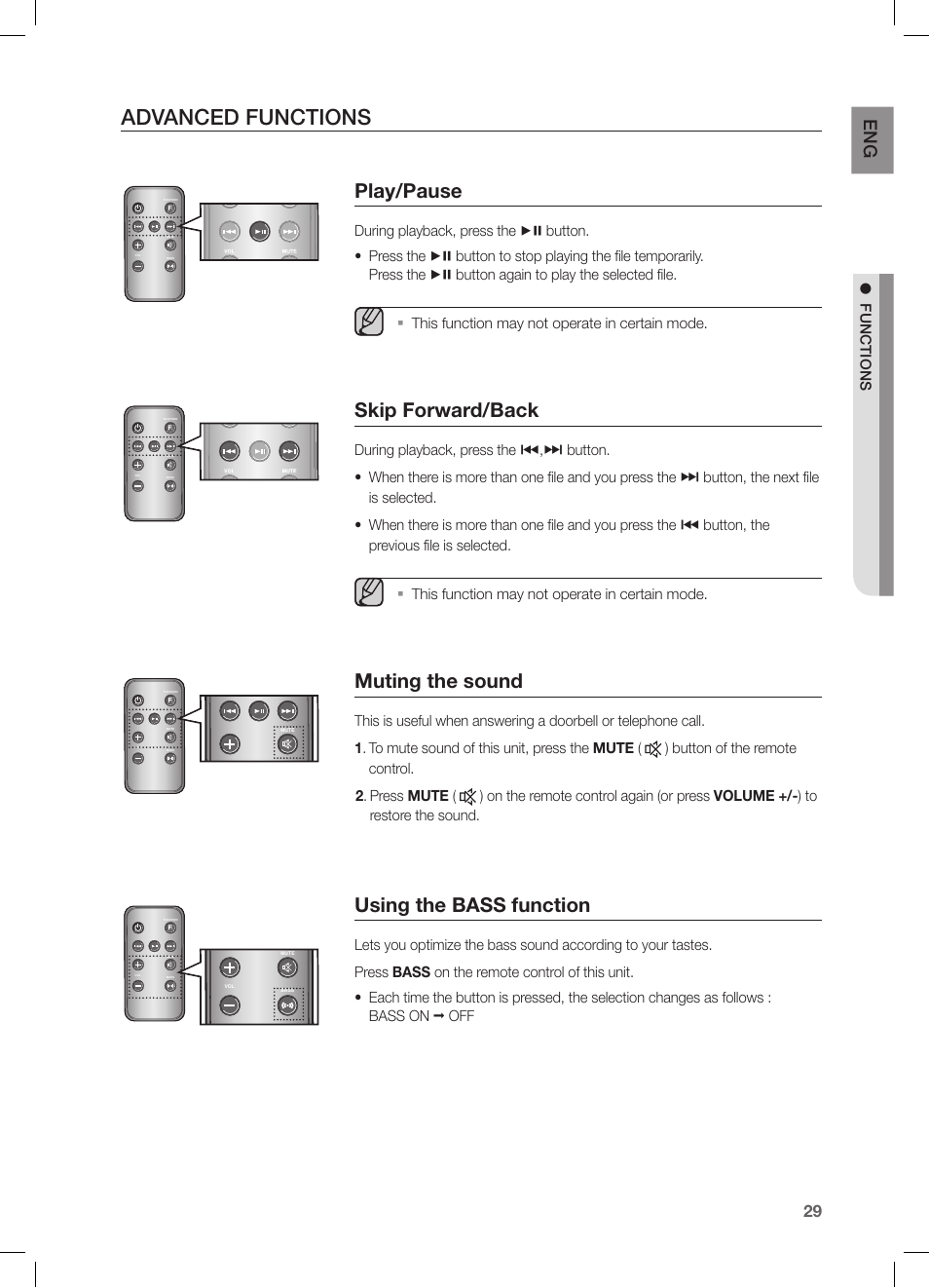 Advanced functions, Play/pause, Skip forward/back | Muting the sound, Using the bass function, En g, F u nctions, This function may not operate in certain mode | Samsung DA-E670-ZA User Manual | Page 29 / 35