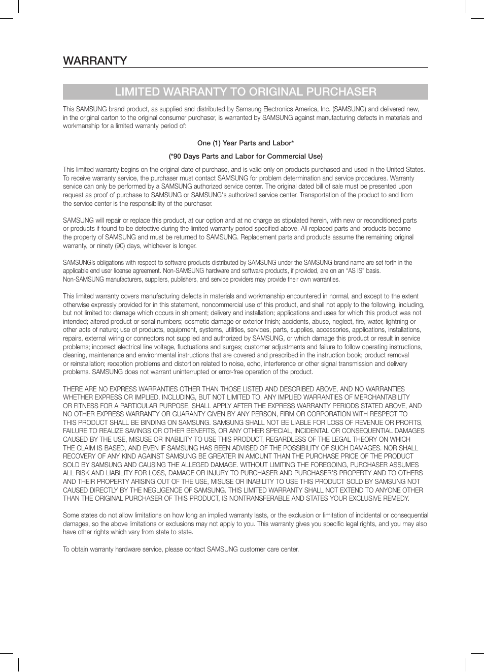 Warranty limited warranty to original purchaser | Samsung DA-E670-ZA User Manual | Page 33 / 35