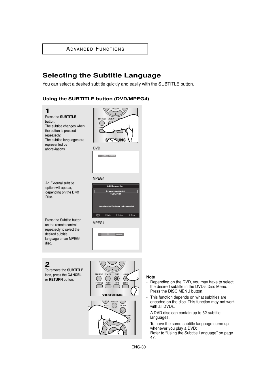 Selecting the subtitle language | Samsung DVD-1080P8-XAA User Manual | Page 30 / 103