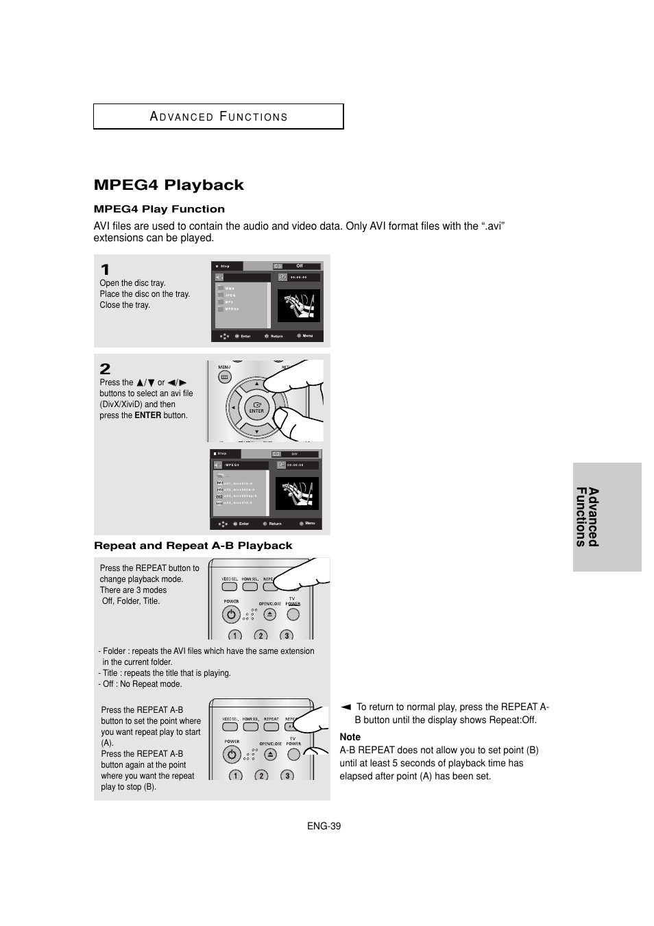 Mpeg4 playback, Advanced functions a | Samsung DVD-1080P8-XAA User Manual | Page 39 / 103