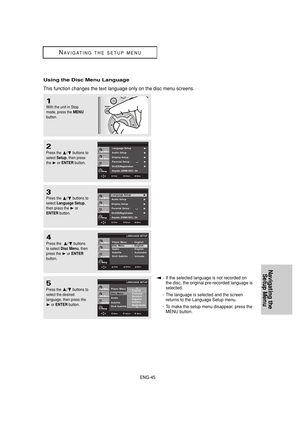 Navigating the setup menu n, Eng-45 | Samsung DVD-1080P8-XAA User Manual | Page 45 / 103