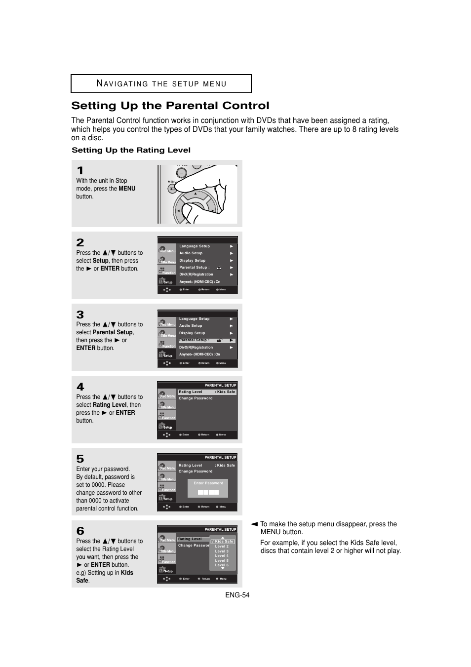 Setting up the parental control, Eng-54 setting up the rating level | Samsung DVD-1080P8-XAA User Manual | Page 54 / 103