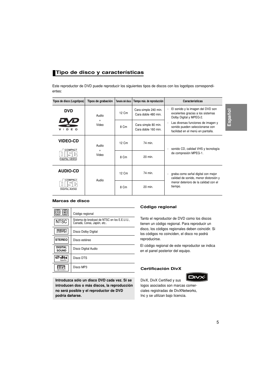 Español, Ntsc, Tipo de disco y características | Samsung DVD-1080P8-XAA User Manual | Page 68 / 103