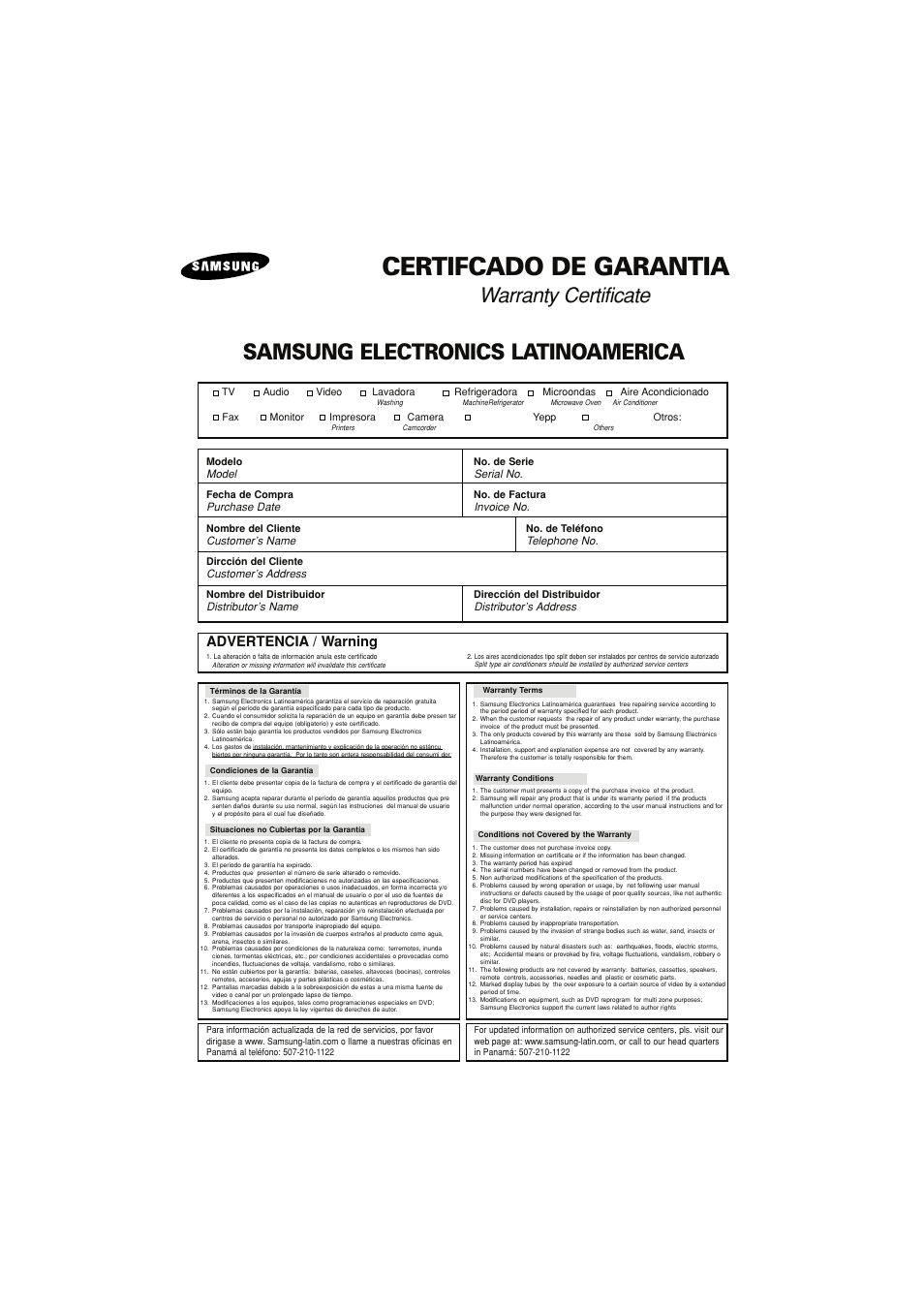 Certifcado de garantia, Samsung electronics latinoamerica, Warranty certificate | Advertencia / warning | Samsung DVD-1080P8-XAA User Manual | Page 97 / 103