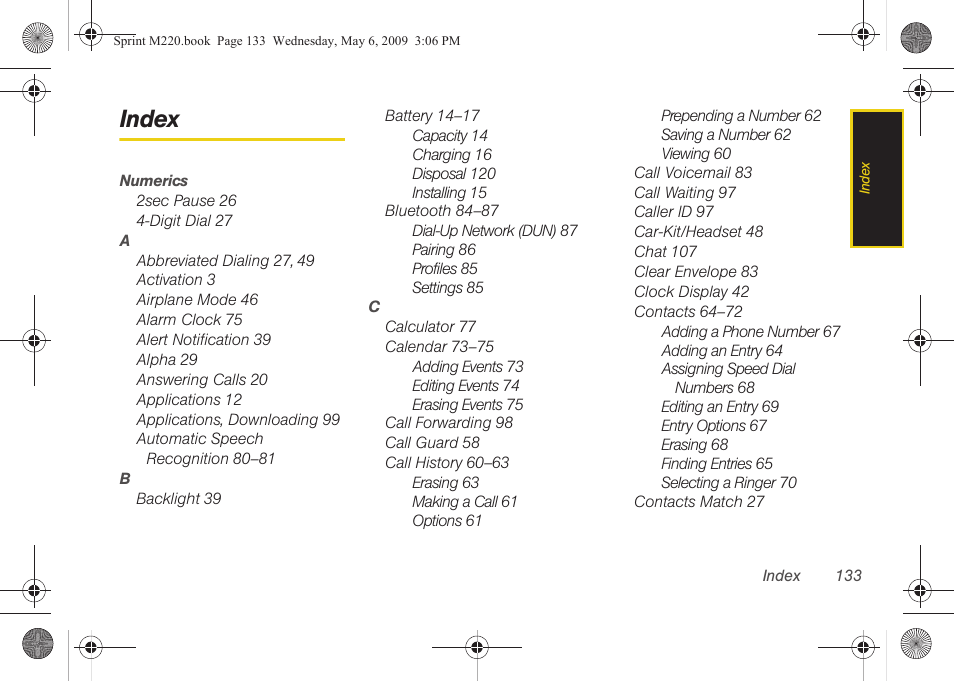 Index | Samsung SPH-M220DAASPR User Manual | Page 147 / 151