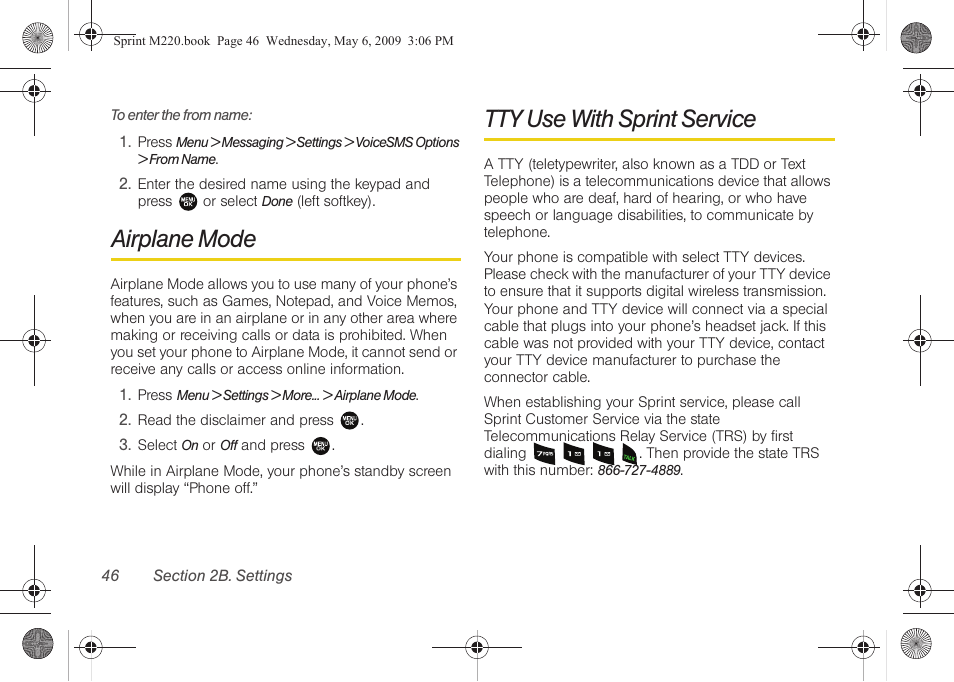 Airplane mode, Tty use with sprint service | Samsung SPH-M220DAASPR User Manual | Page 60 / 151