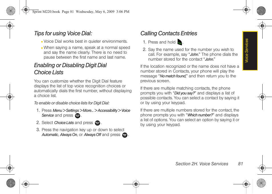 Tips for using voice dial, Enabling or disabling digit dial choice lists, Calling contacts entries | Enabling or disabling digit dial, Choice lists | Samsung SPH-M220DAASPR User Manual | Page 95 / 151