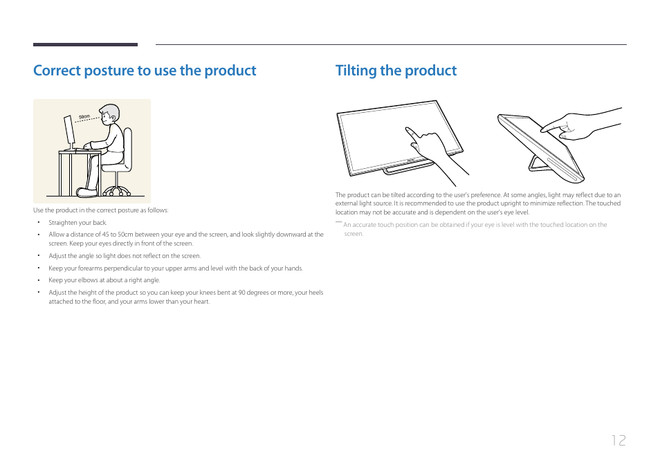 Correct posture to use the product, Tilting the product | Samsung LS24C770TS-ZA User Manual | Page 12 / 60