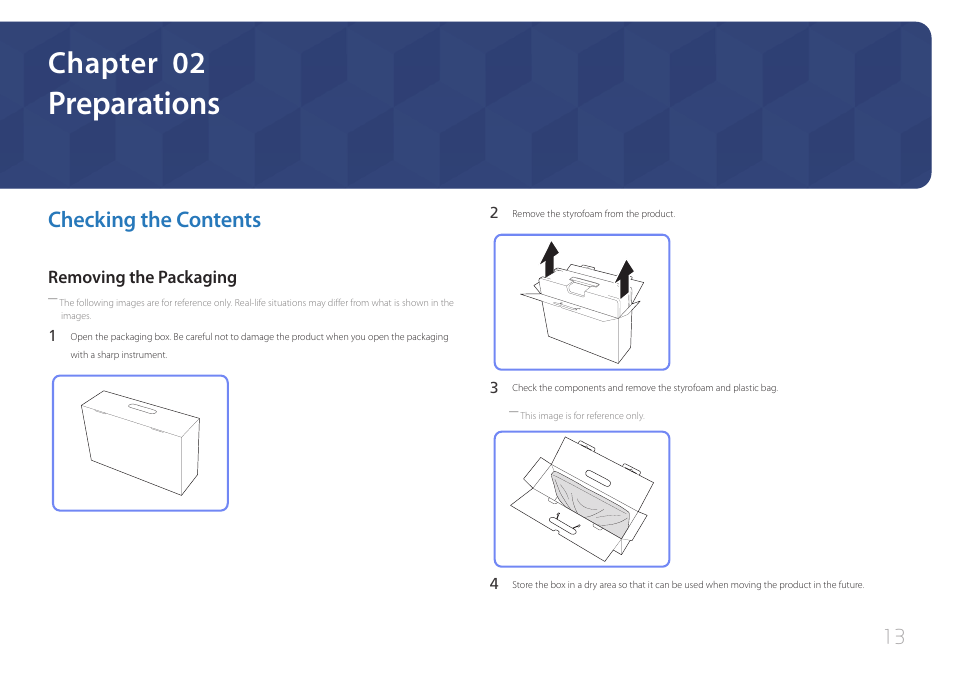 Preparations, Checking the contents, Removing the packaging | Chapter 02 | Samsung LS24C770TS-ZA User Manual | Page 13 / 60