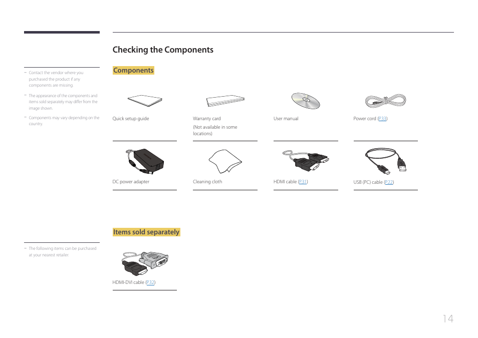 Checking the components, Components, Items sold separately | Samsung LS24C770TS-ZA User Manual | Page 14 / 60