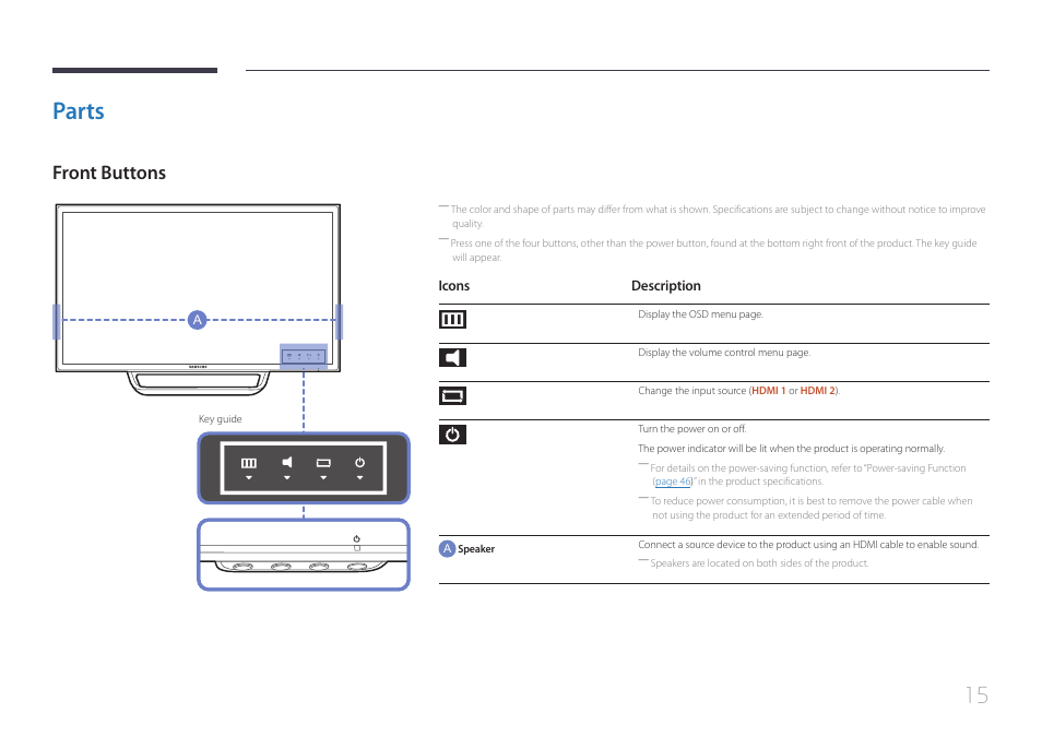 Parts 15 front buttons, Parts, Front buttons | Samsung LS24C770TS-ZA User Manual | Page 15 / 60