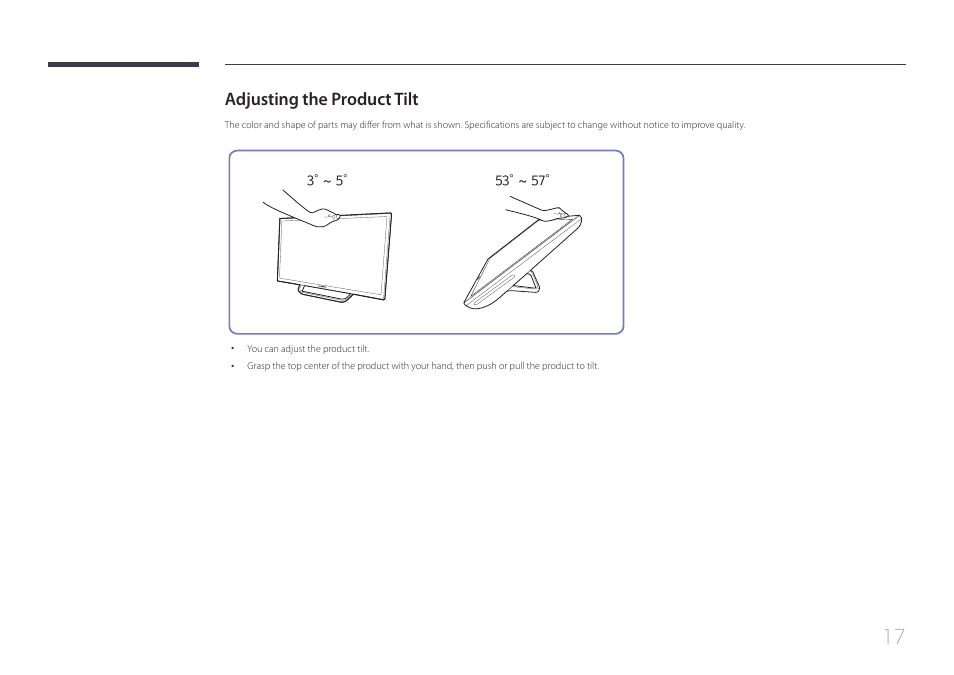Adjusting the product tilt | Samsung LS24C770TS-ZA User Manual | Page 17 / 60
