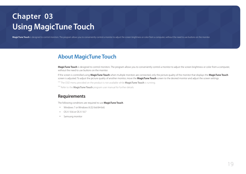 Using magictune touch, About magictune touch, Requirements 19 | Chapter 03, Requirements | Samsung LS24C770TS-ZA User Manual | Page 19 / 60