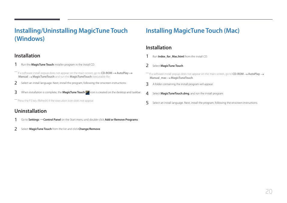 Installing magictune touch (mac), Installation 20, Installing/uninstalling magictune touch (windows) | Installation, Uninstallation | Samsung LS24C770TS-ZA User Manual | Page 20 / 60